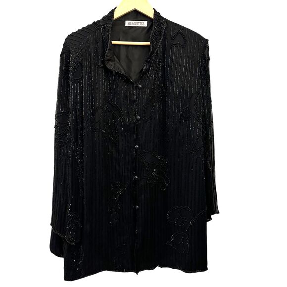 Silhouettes Black Beaded 100% Silk Sheer Sleeved Button Up Blouse Plus Size 22W - Picture 1 of 10